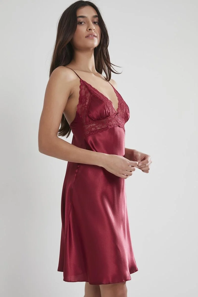 Pierre Cardin Saten Dantelli Kadın Gecelik - 603 Bordo Gecelik Toptan