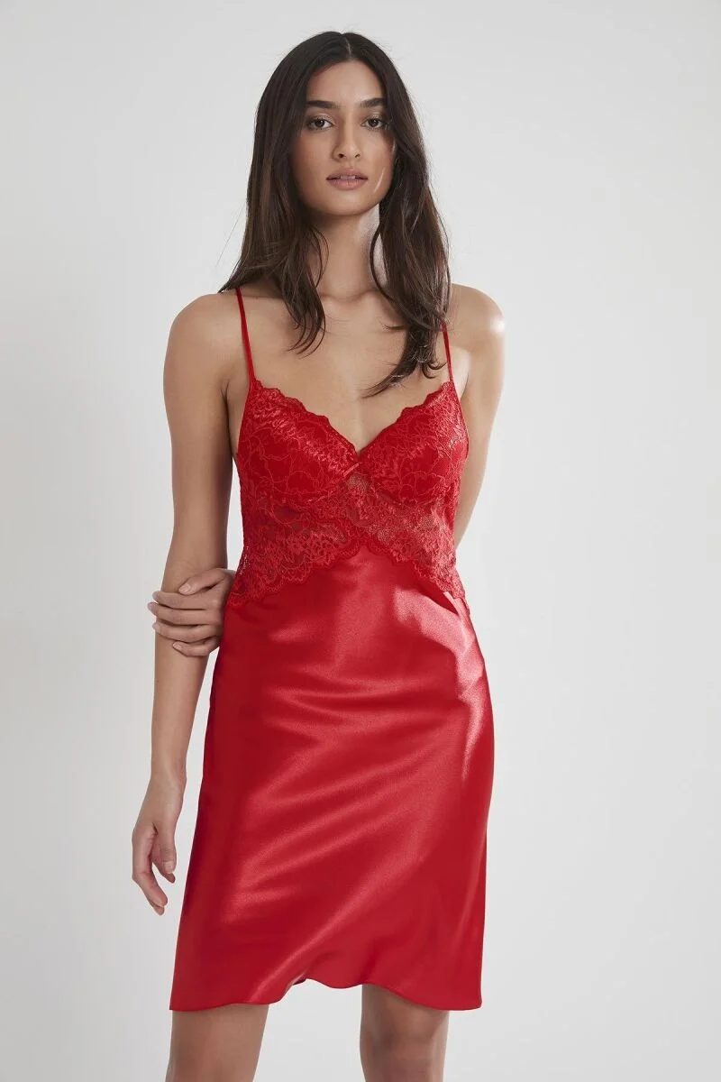 Pierre Cardin Saten Dantelli Kadın Gecelik - 608 Kırmızı Gecelik Toptan