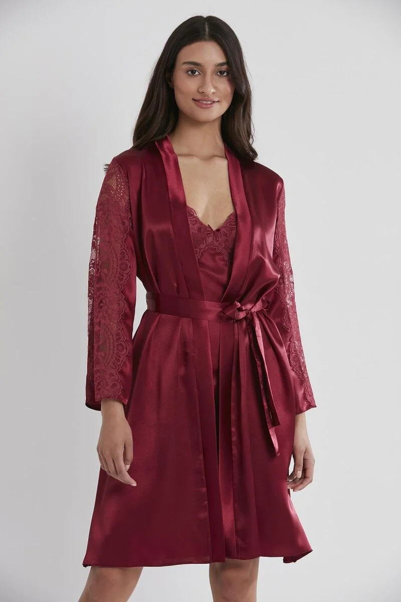 Pierre Cardin Saten Dantelli Kadın Gecelik ve Sabahlık Takımı - 4025 Bordo Gecelik Sabahlık Takım Toptan