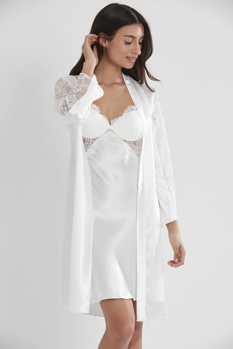 Pierre Cardin Saten Dantelli Kadın Gecelik ve Sabahlık Takımı - 4025 Ekru Gecelik Sabahlık Takım Toptan