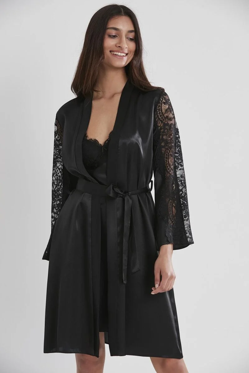 Pierre Cardin Saten Dantelli Kadın Gecelik ve Sabahlık Takımı - 4025 Siyah Gecelik Sabahlık Takım Toptan