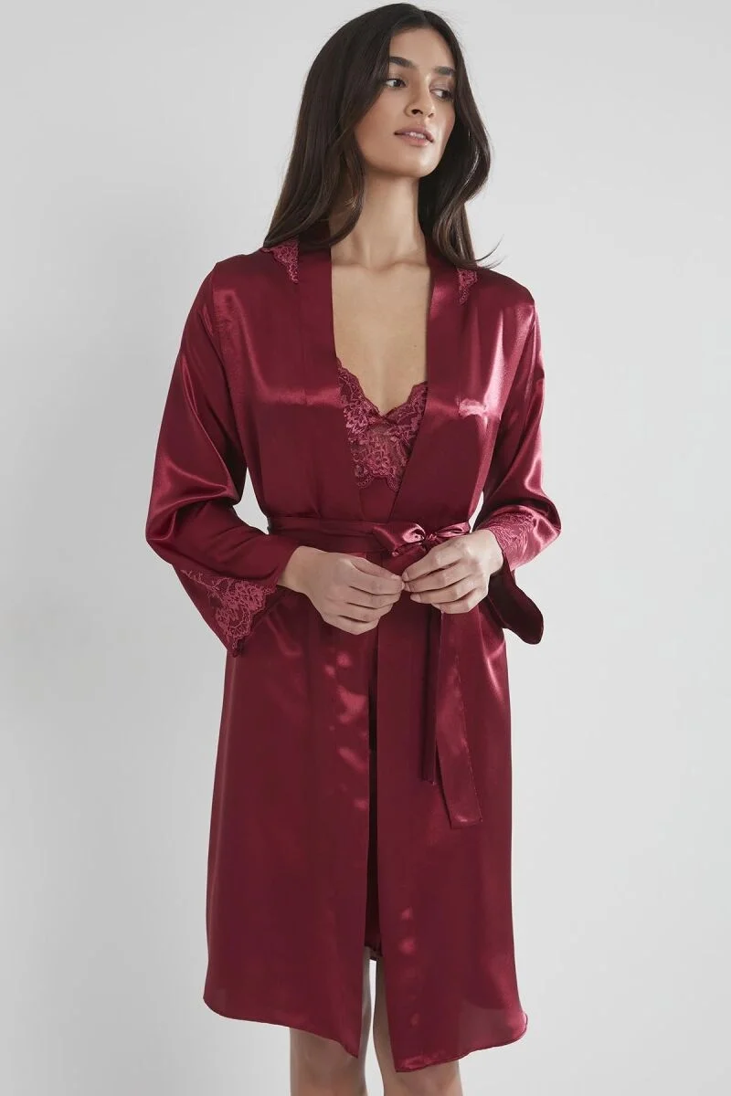 Pierre Cardin Saten Dantelli Kadın Gecelik ve Sabahlık Takımı - 4050 Bordo Gecelik Sabahlık Takım Toptan