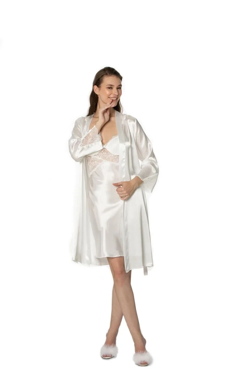 Pierre Cardin Saten Dantelli Kadın Gecelik ve Sabahlık Takımı - 4050 Ekru Gecelik Sabahlık Takım Toptan