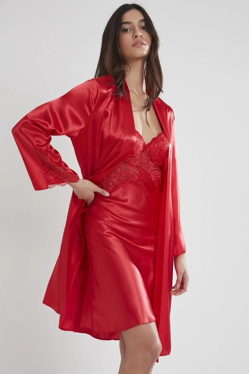 Pierre Cardin Saten Dantelli Kadın Gecelik ve Sabahlık Takımı - 4050 Kırmızı Gecelik Sabahlık Takım Toptan
