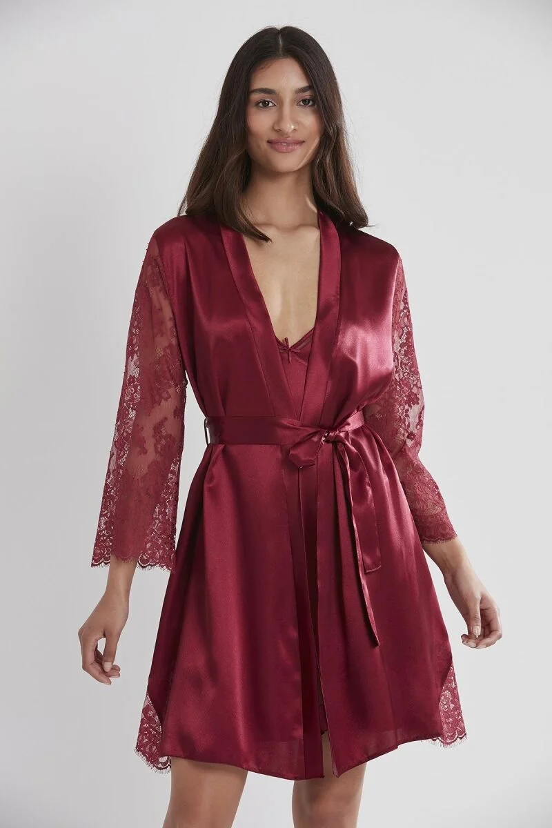 Pierre Cardin Saten Dantelli Kadın Gecelik ve Sabahlık Takımı - 4065 Bordo Gecelik Sabahlık Takım Toptan