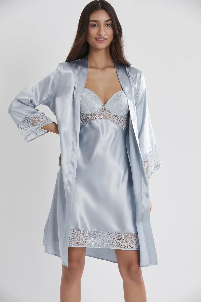Pierre Cardin Saten Dantelli Kadın Gecelik ve Sabahlık Takımı - 4075 Mist Gecelik Sabahlık Takım Toptan