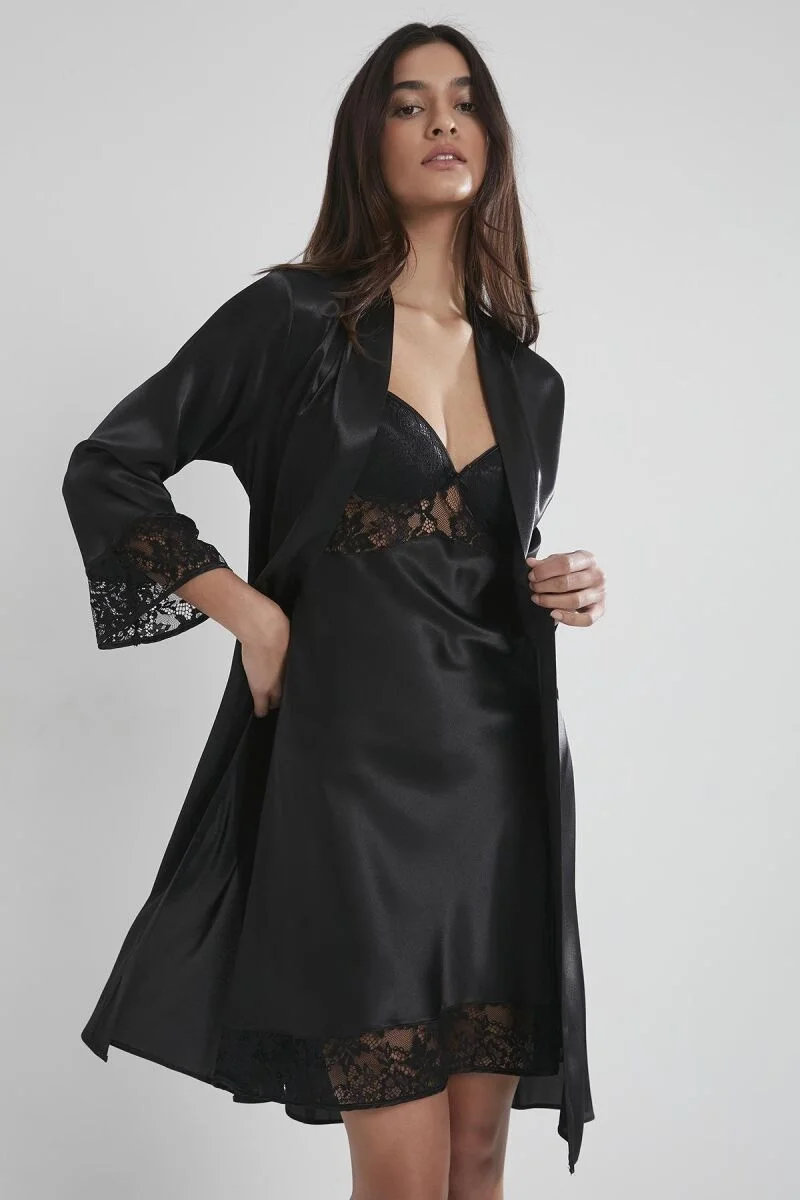 Pierre Cardin Saten Dantelli Kadın Gecelik ve Sabahlık Takımı - 4075 Siyah Gecelik Sabahlık Takım Toptan