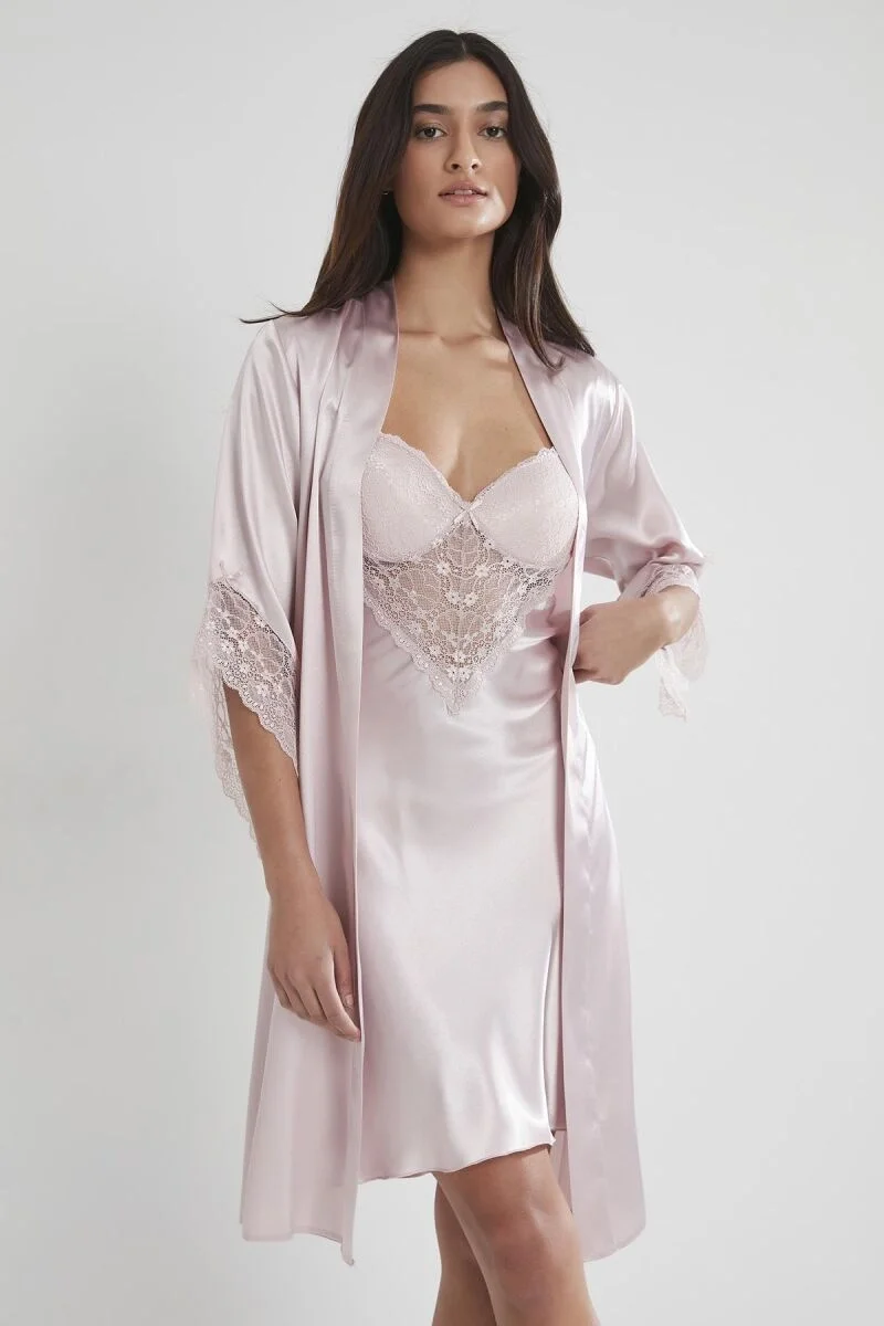 Pierre Cardin Saten Dantelli Kadın Gecelik ve Sabahlık Takımı - 4240 Pudra Gecelik Sabahlık Takım Toptan