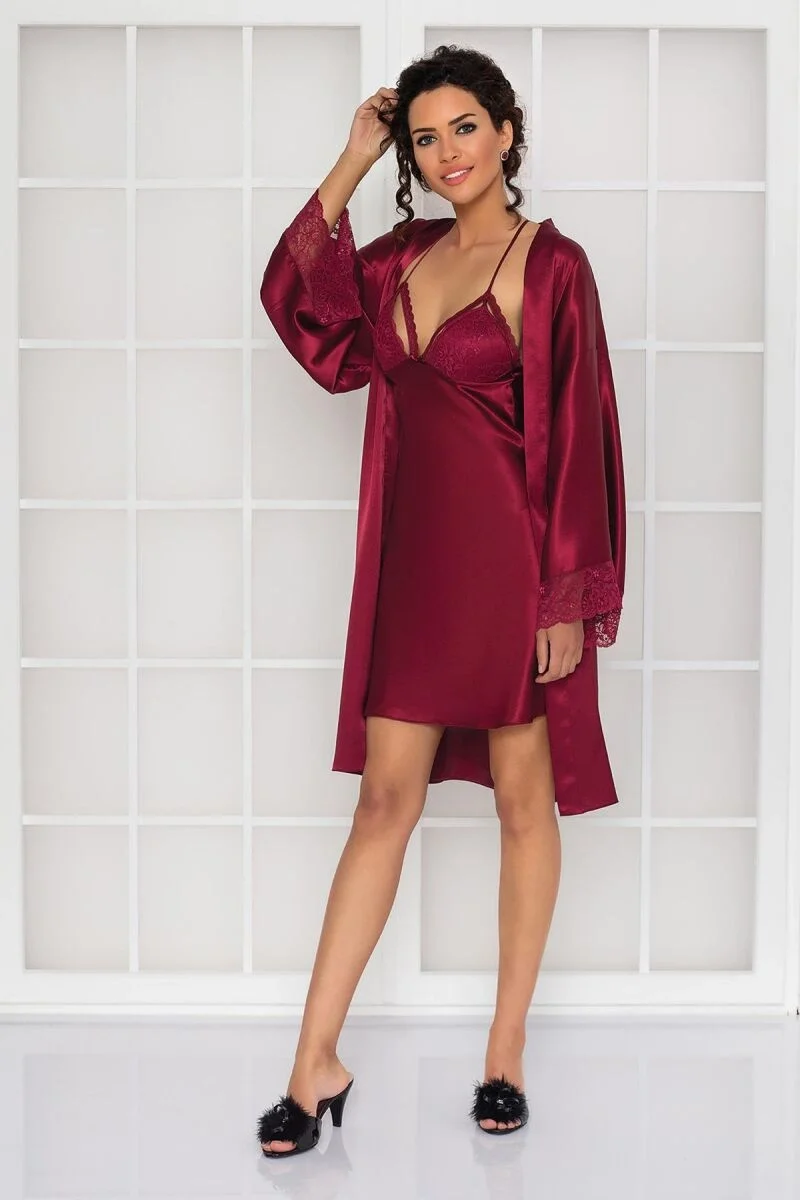 Pierre Cardin Saten Dantelli Kadın Gecelik ve Sabahlık Takımı - 4250 Bordo Gecelik Sabahlık Takım Toptan
