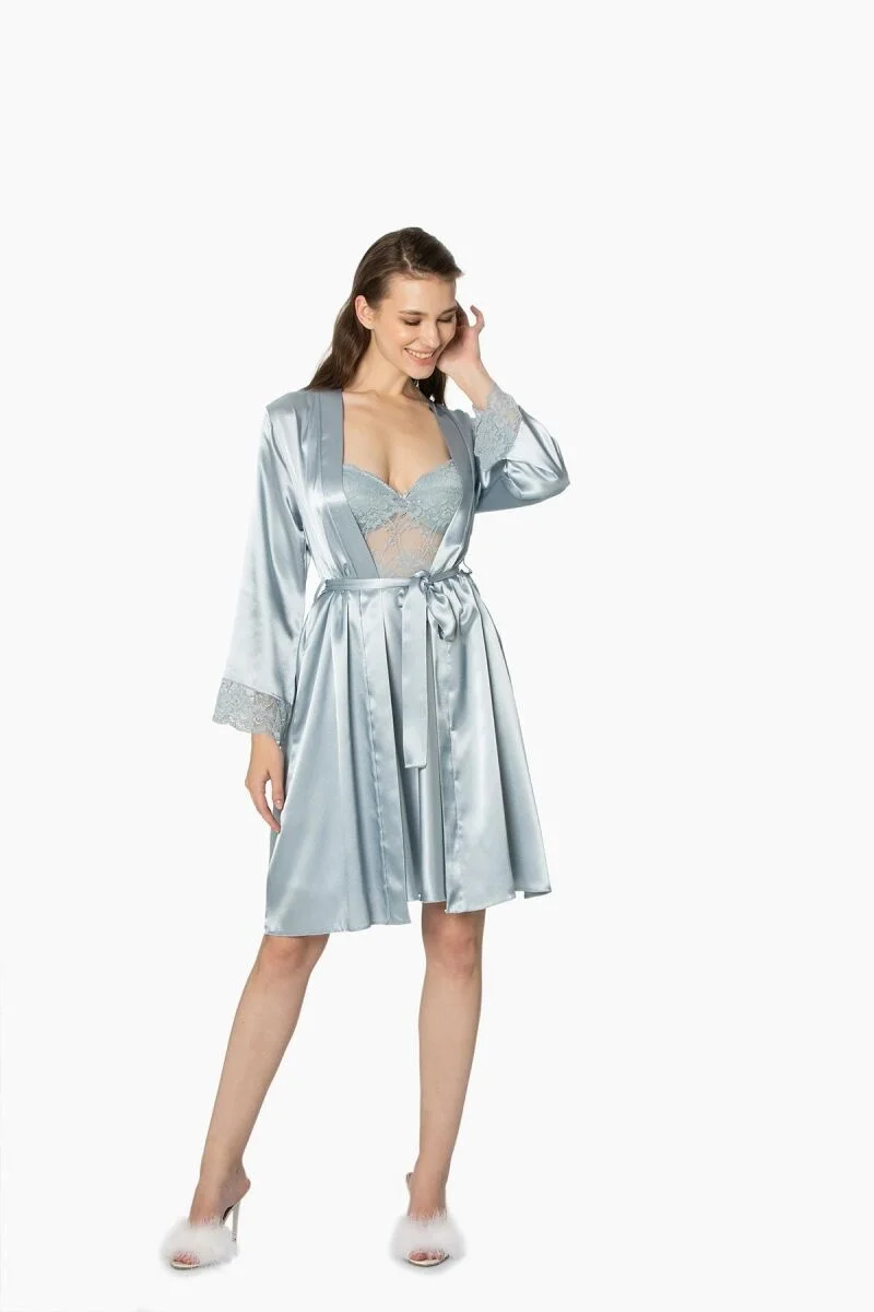 Pierre Cardin Saten Dantelli Kadın Gecelik ve Sabahlık Takımı - 4265 Mist Gecelik Sabahlık Takım Toptan