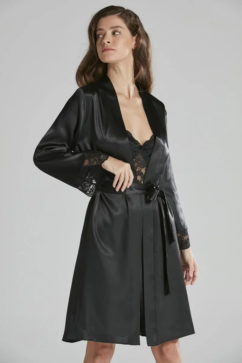 Pierre Cardin Saten Dantelli Kadın Gecelik ve Sabahlık Takımı - 4265 Siyah Gecelik Sabahlık Takım Toptan