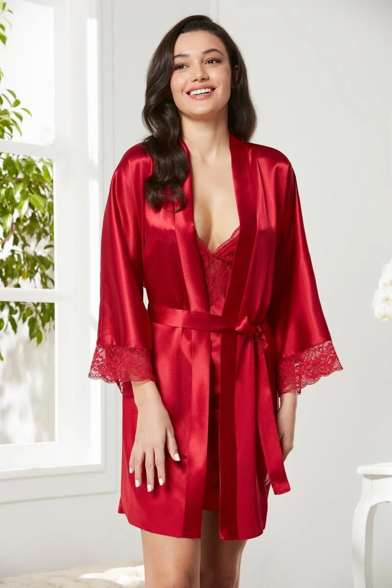 Pierre Cardin Saten Dantelli Kadın Gecelik ve Sabahlık Takımı - 4280 Kırmızı Gecelik Sabahlık Takım Toptan