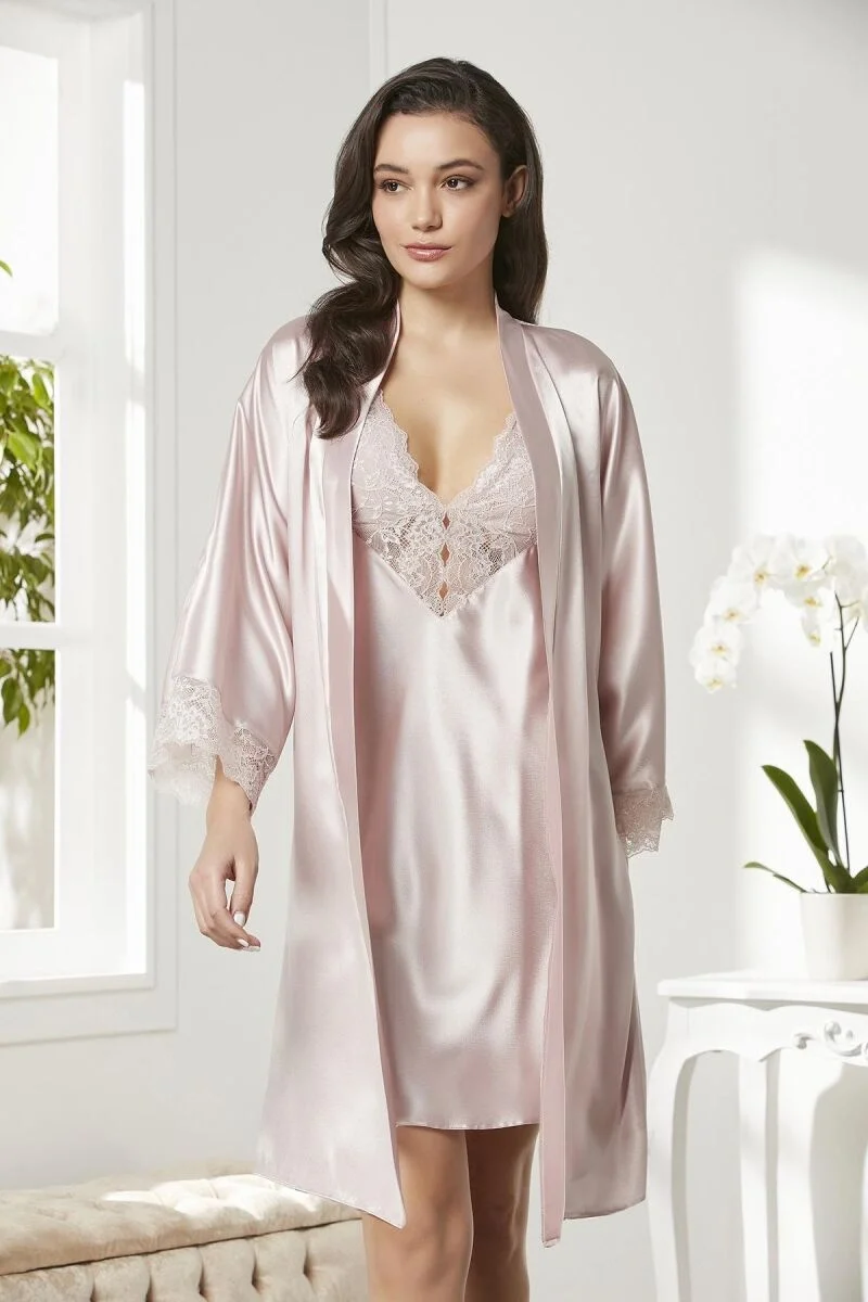 Pierre Cardin Saten Dantelli Kadın Gecelik ve Sabahlık Takımı - 4280 Pudra Gecelik Sabahlık Takım Toptan