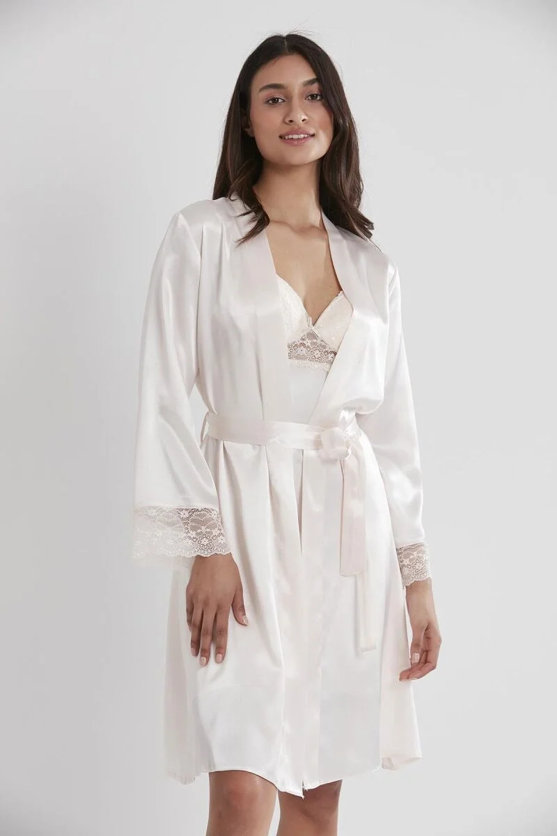 Pierre Cardin Saten Dantelli Kadın Gecelik ve Sabahlık Takımı - 4285 İnci Gecelik Sabahlık Takım Toptan