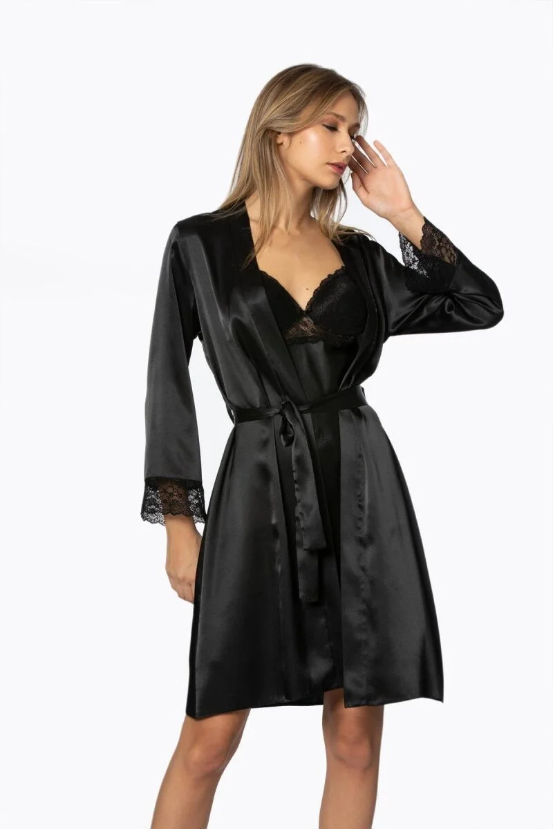 Pierre Cardin Saten Dantelli Kadın Gecelik ve Sabahlık Takımı - 4285 Siyah Gecelik Sabahlık Takım Toptan