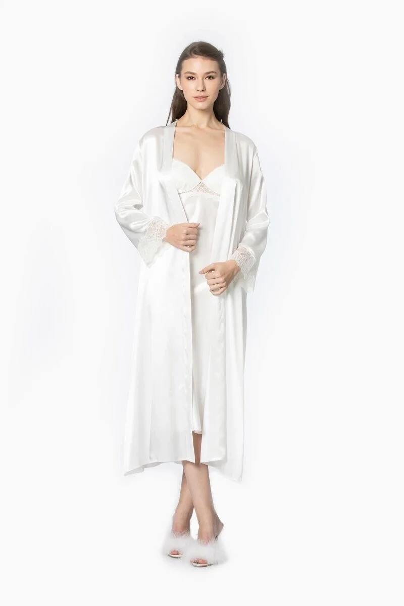 Pierre Cardin Saten Dantelli Kadın Gecelik ve Sabahlık Takımı - 4370 Ekru Gecelik Sabahlık Takım Toptan