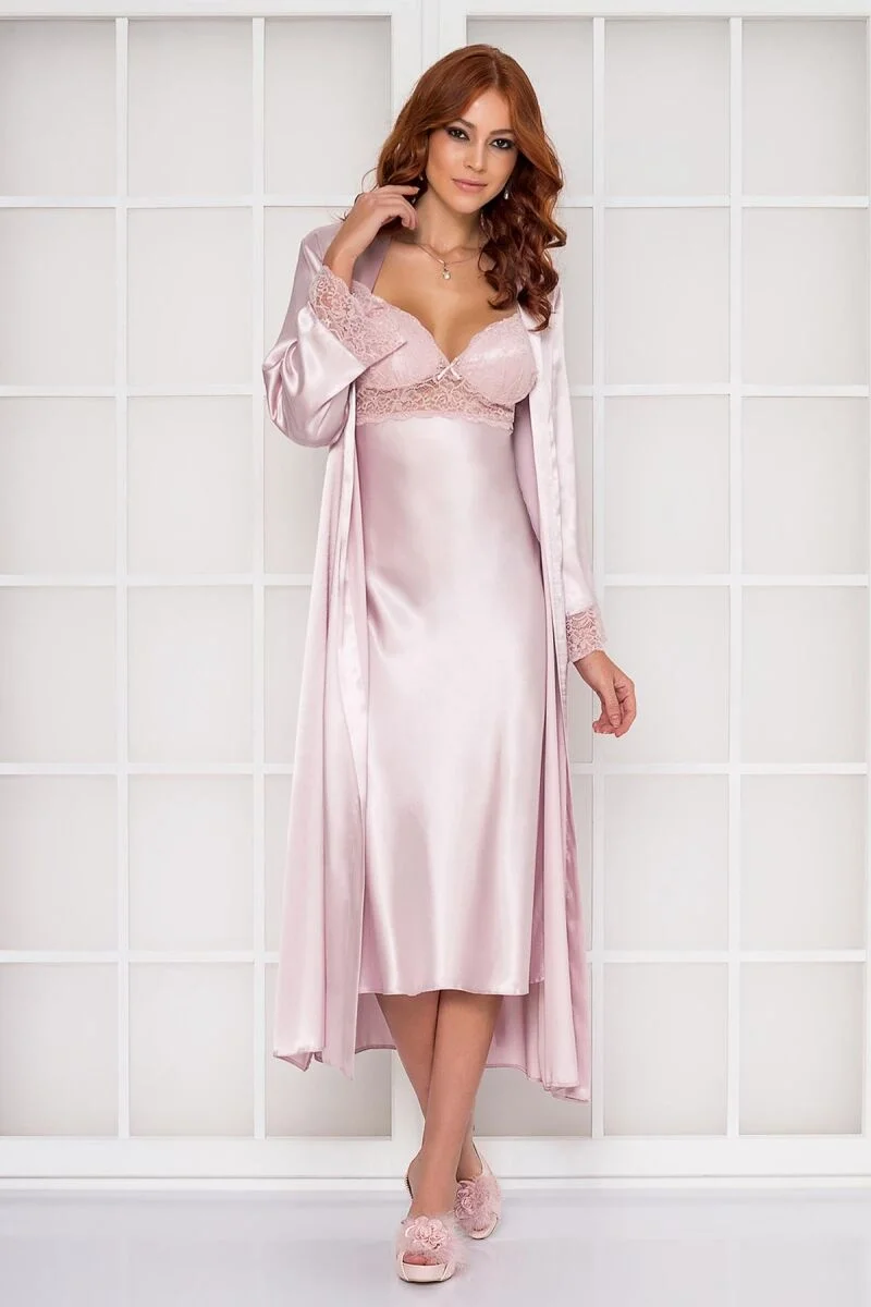Pierre Cardin Saten Dantelli Kadın Gecelik ve Sabahlık Takımı - 4370 Pudra Gecelik Sabahlık Takım Toptan