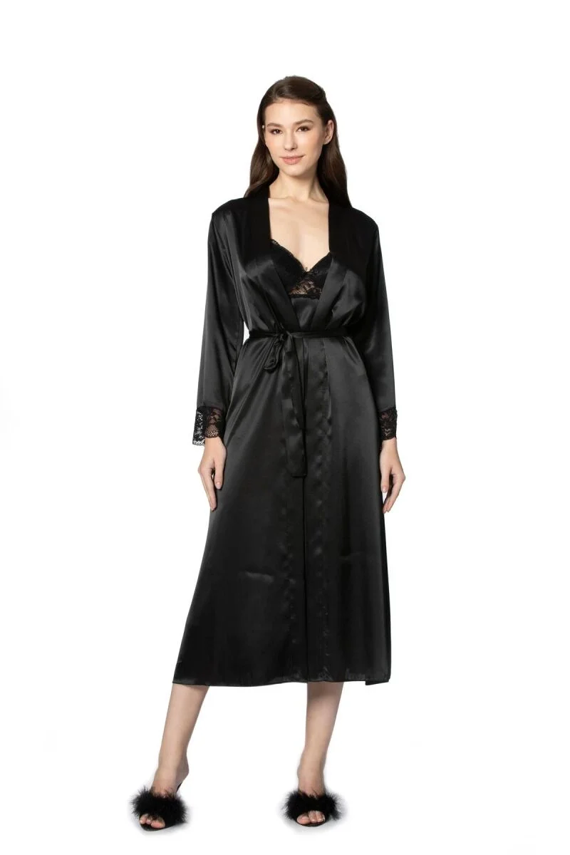 Pierre Cardin Saten Dantelli Kadın Gecelik ve Sabahlık Takımı - 4370 Siyah Gecelik Sabahlık Takım Toptan