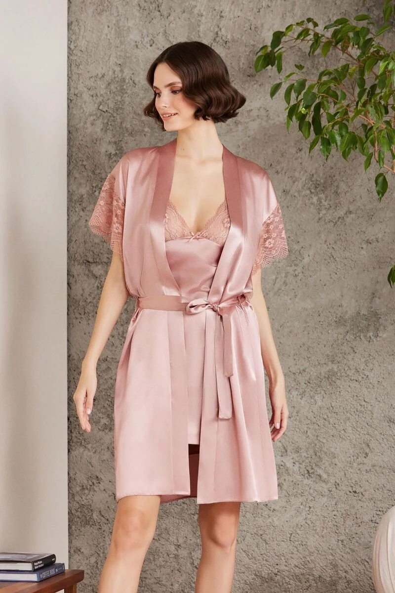 Pierre Cardin Saten Dantelli Kadın Gecelik ve Sabahlık Takımı - 4438 Brandy Gecelik Sabahlık Takım Toptan