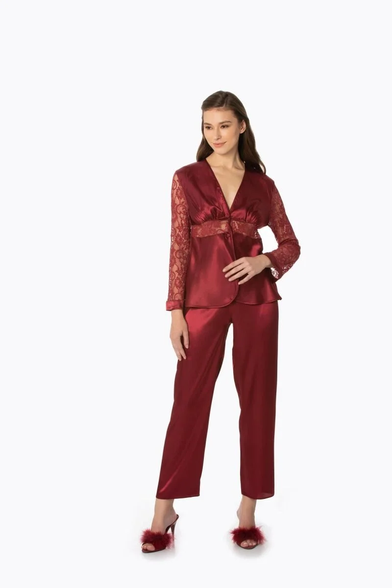 Pierre Cardin Saten Dantelli Kadın Pijama Takımı - 1121 Bordo Pijama Takımları Toptan