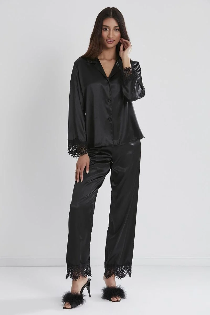 Pierre Cardin Saten Dantelli Kadın Pijama Takımı - 1135 Siyah Pijama Takımları Toptan