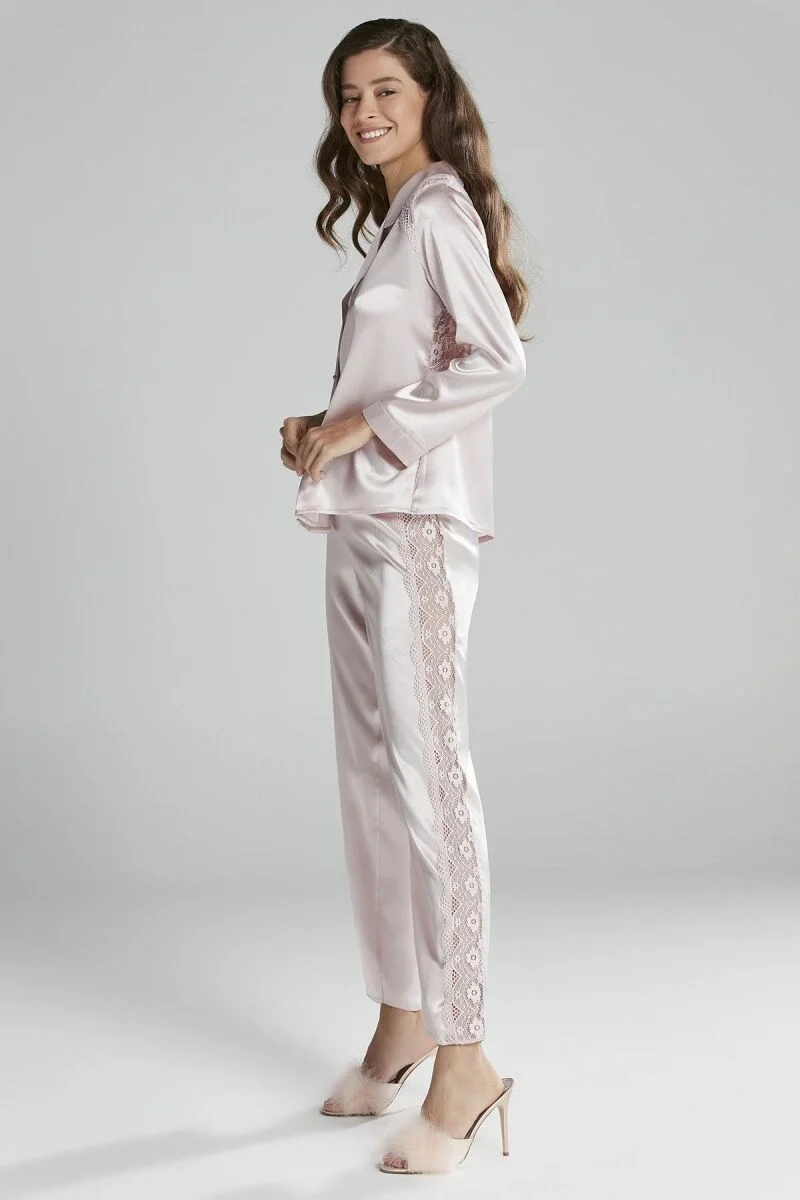 Pierre Cardin Saten Dantelli Kadın Pijama Takımı - 1438 Pudra Pijama Takımları Toptan