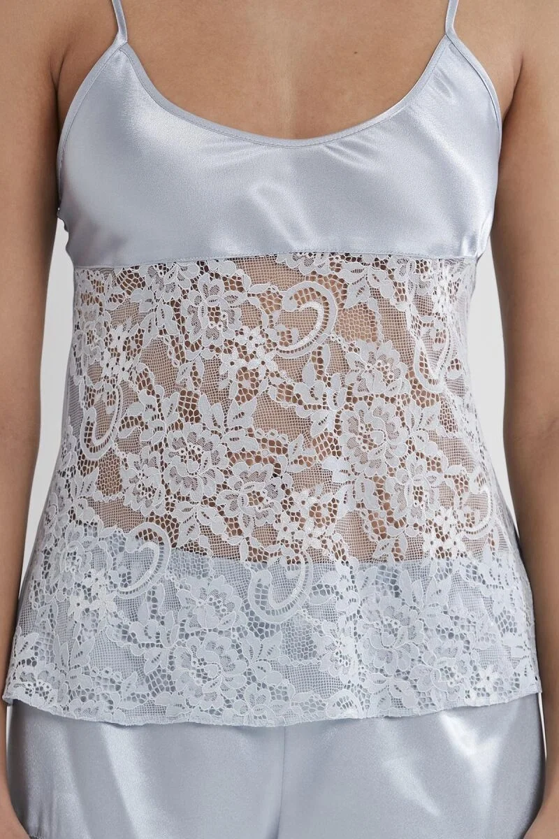 Mist renkli saten dantelli babydoll takım elbette, Pierre Cardin marka kadın iç giyim seti, dantel detaylı üst ve kısa pantolon