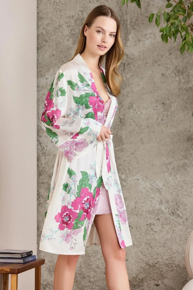 Pierre Cardin Saten Emprime Kadın Gecelik & Sabahlık Takımı 2415 Rose, çiçek desenli şık dokulu gecelik, kadın iç giyim