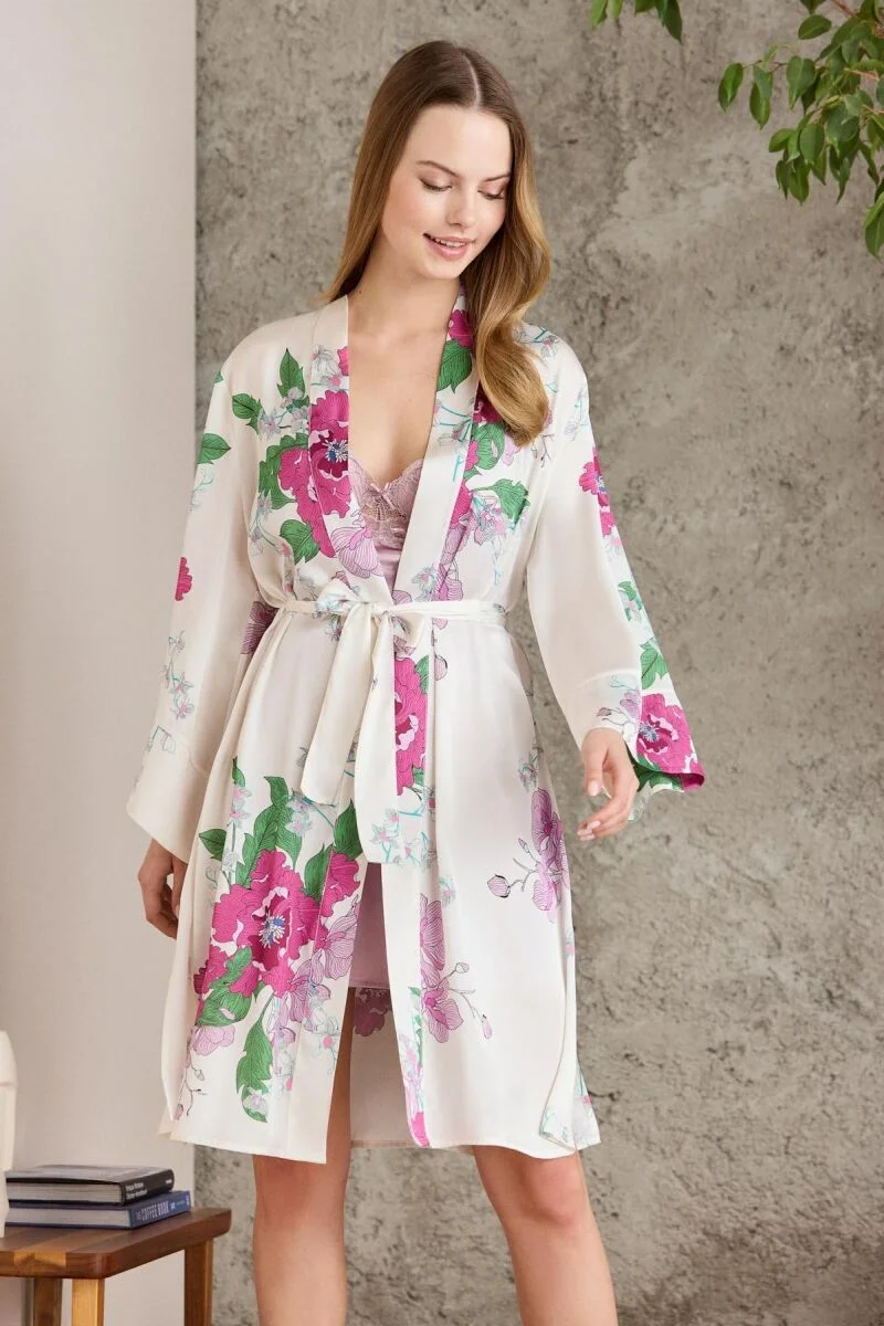 Pierre Cardin Saten Emprime Kadın Gecelik & Sabahlık Takım - 2415 Rose Gecelik Sabahlık Takım Toptan