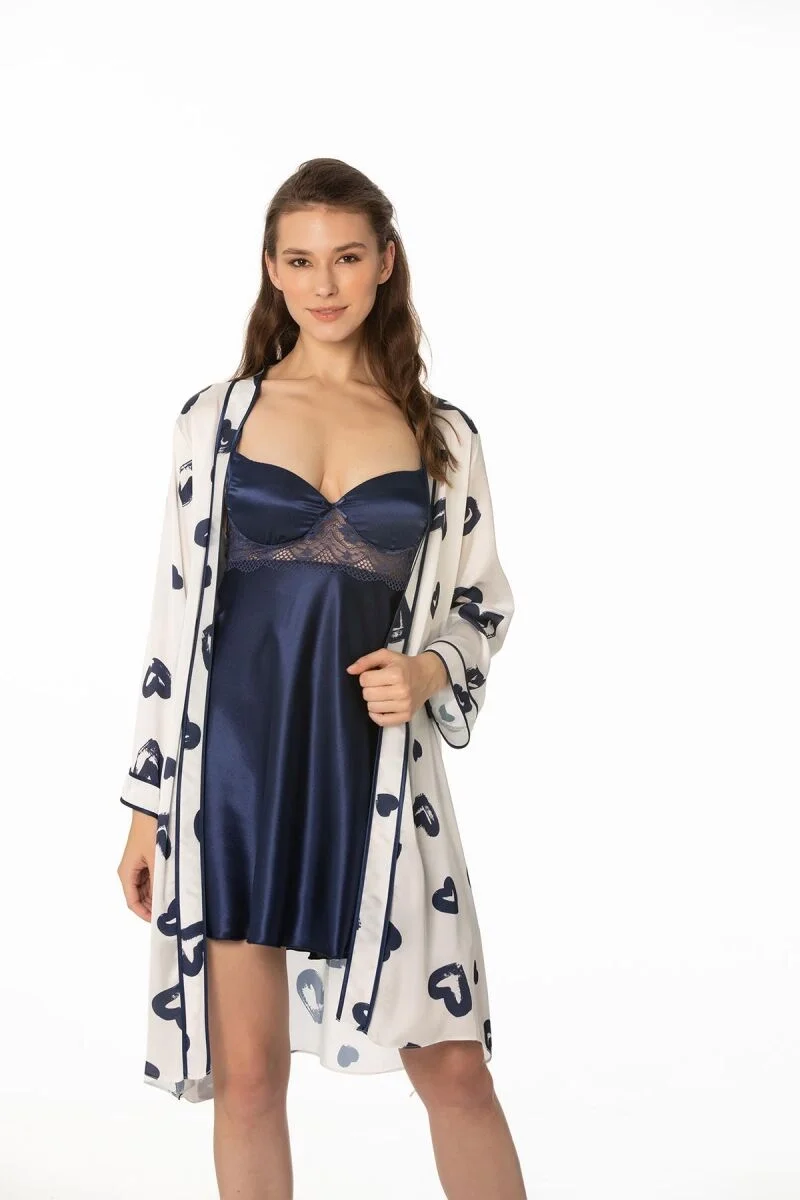 Pierre Cardin Saten Emprime Kadın Gecelik ve Sabahlık Takım - 2406 Lacivert Gecelik Sabahlık Takım Toptan