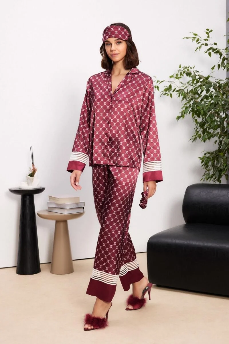Saten Kadın Pijama Takımı  - 1320 Bordo