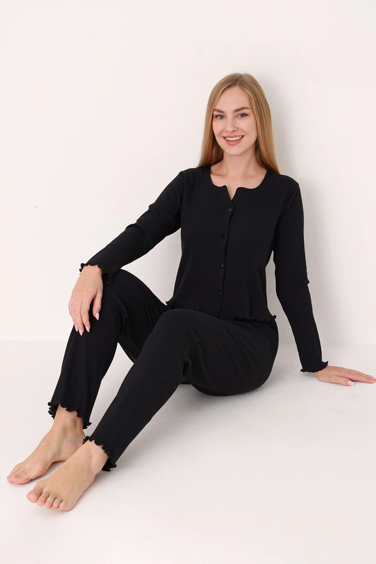 Nbb Siyah Önden Düğmeli Pijama Takımı Pijama Takımları Toptan