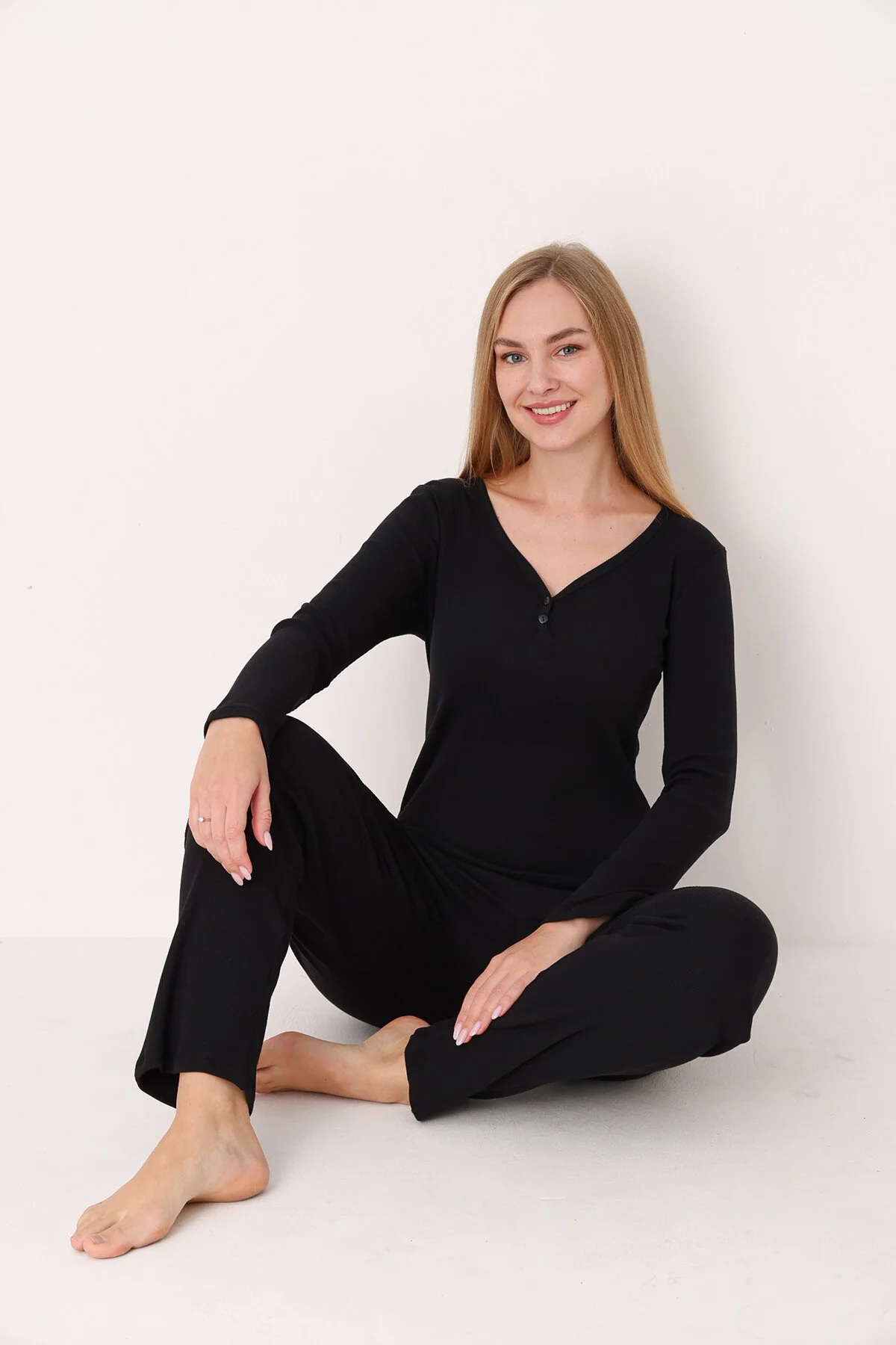 Nbb Siyah Patlı V Yaka Pijama Takım Pijama Takımları Toptan