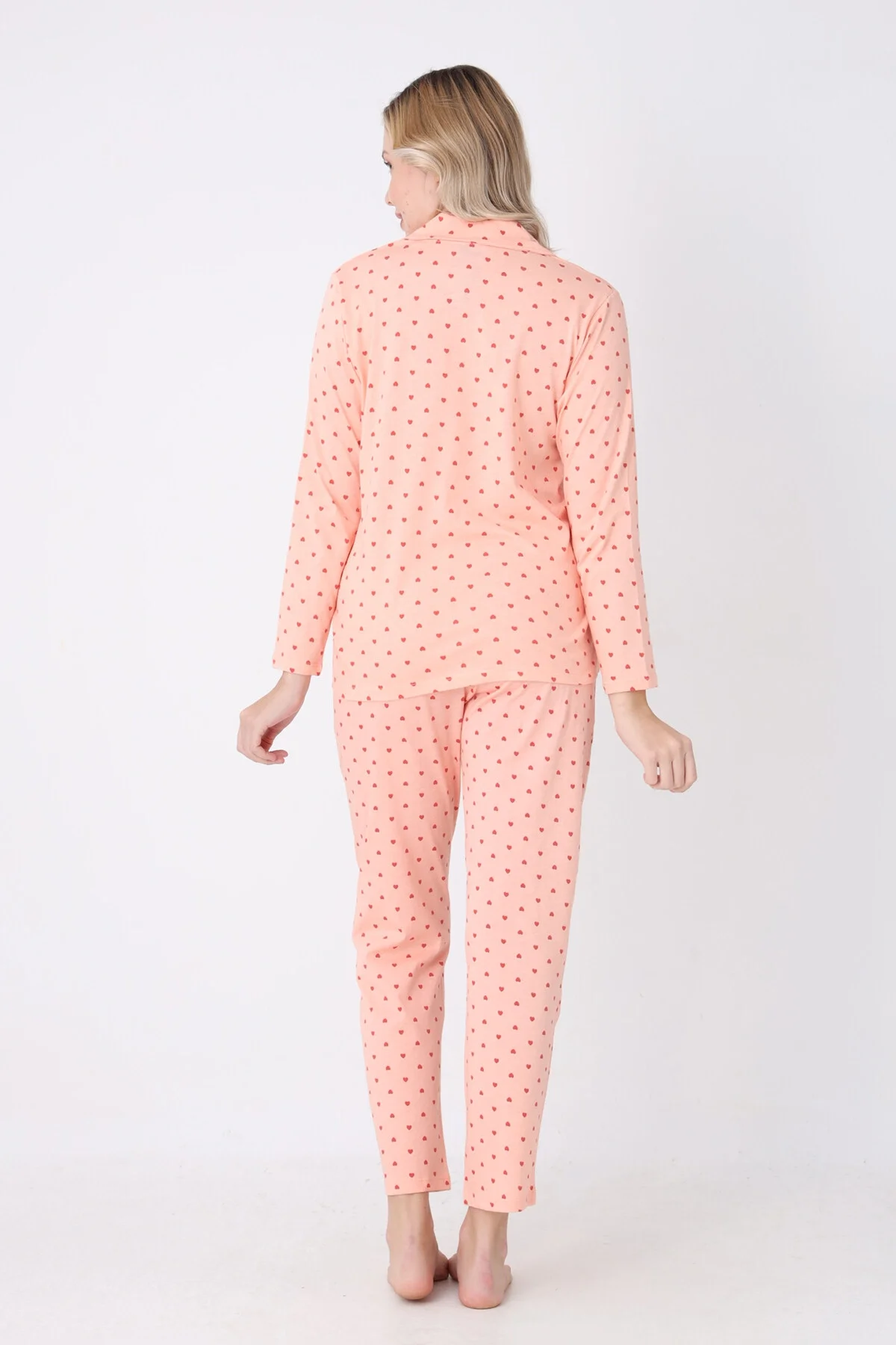 Pomponlu somon hearts önden düğmeli pijama takım, Nbb marka kadın pijama, pembe desenli, ön düğme, rahat kıyafet