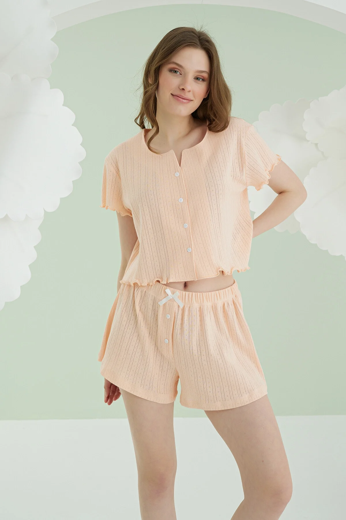 Nbb Somon Önden Düğmeli Crop Şort Takım Şort Takım Toptan