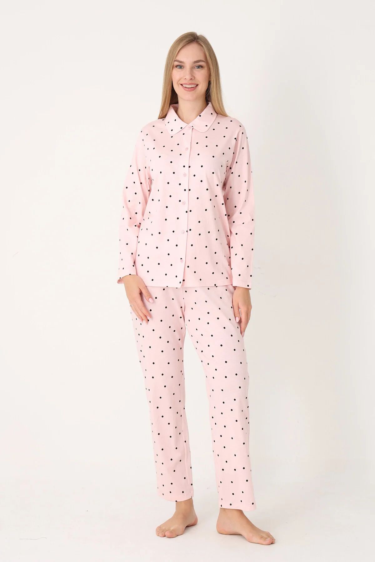 Piksel polka dot desenli pembe ön düğmeli pijama takım, Nbb marka kadın pijama seti, rahat ve stil sahibi gece giyimi