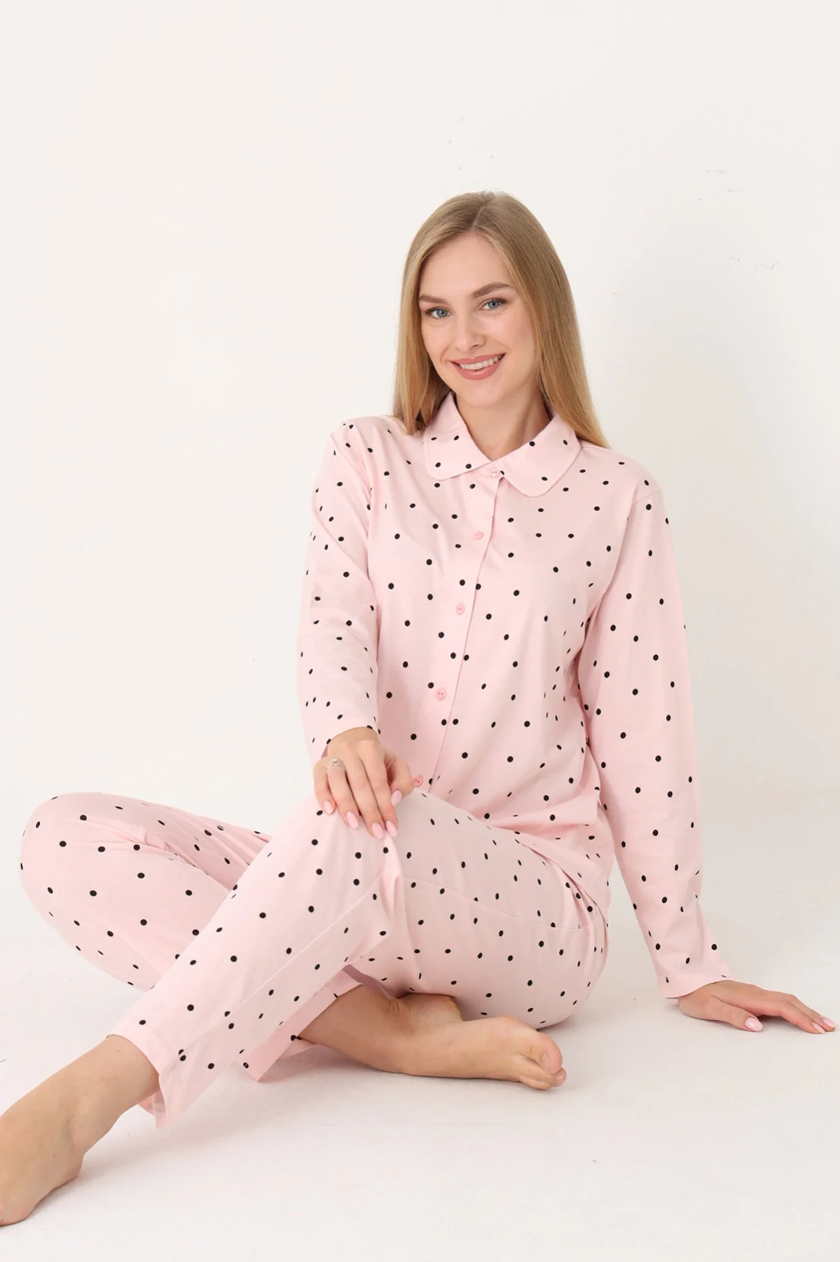Nbb Somon Polka Dot Önden Düğmeli Pijama Takım Pijama Takımları Toptan