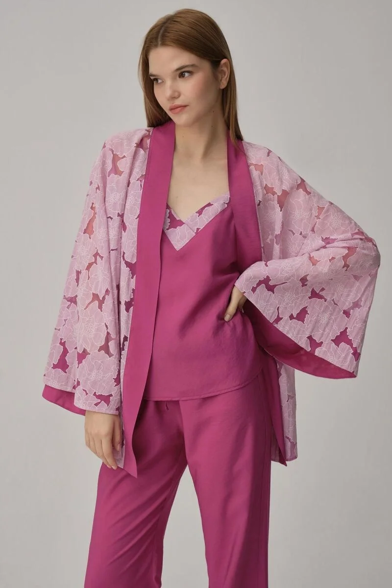 SOPHIE - Vegan İpek Kimonolu Kadın Pijama Takımı - Violet