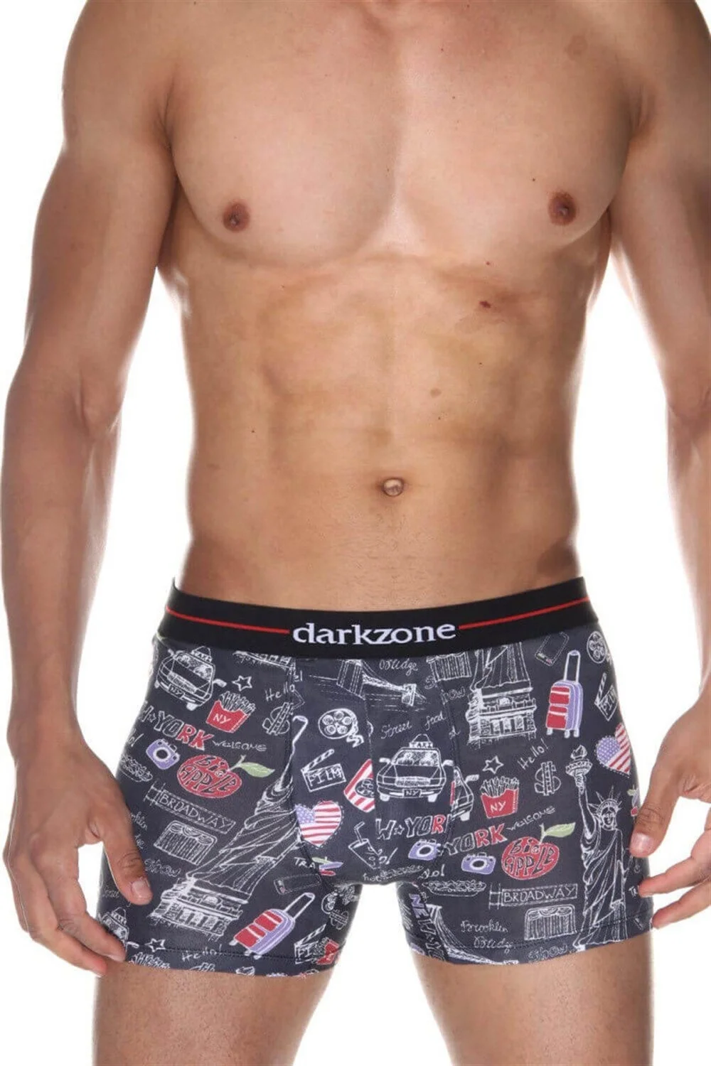 Kırmızı detaylı siyah New York temalı dijital baskılı erkek boxer, Darkzone markası, dikişsiz tasarım, görsel detaylı ürün