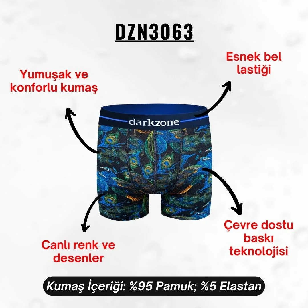 Tavuskuşu desenli erkek boxer, Darkzone markası, mavi ve yeşil tonlarında dijital baskı, ön görünüm, erkek iç giyim