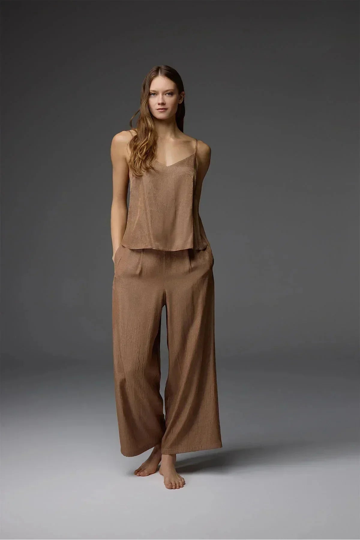 Tencel Viskon Askılı Büstiyer Sabahlık Pantolon 3 Lü Takım BM-1808
