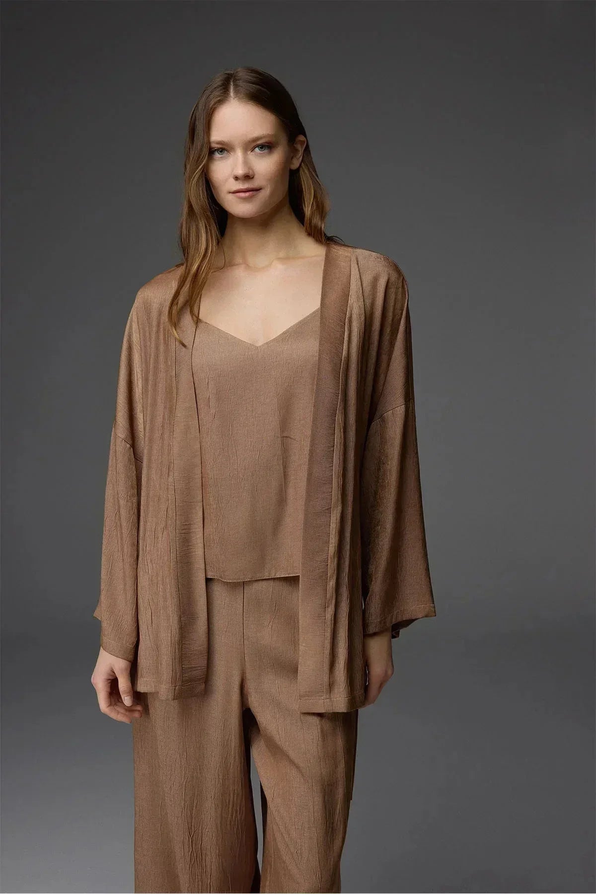 Tencel Viskon Askılı Büstiyer Sabahlık Pantolon 3 Lü Takım BM-1808