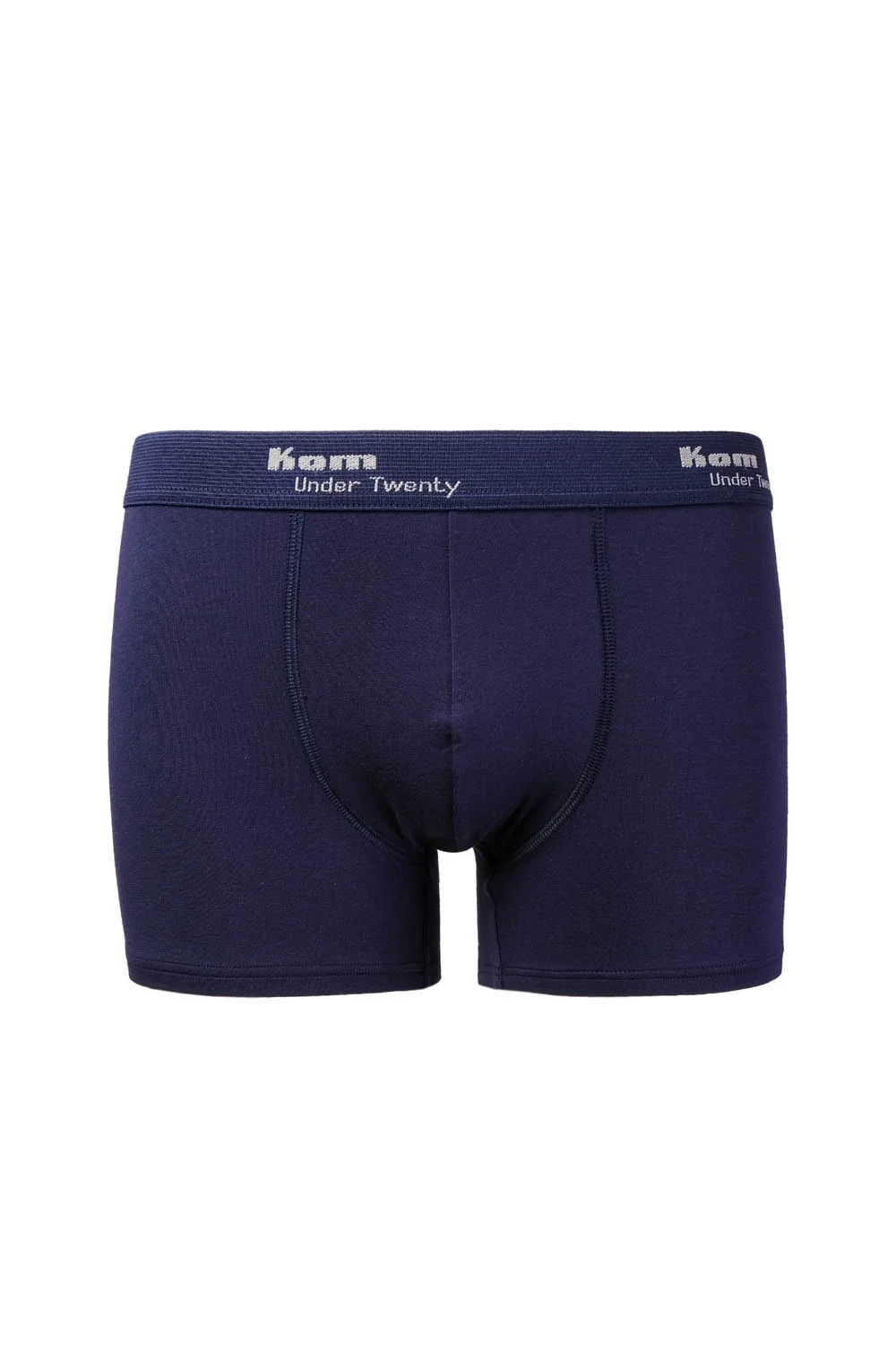 KOM marka mavi pamuklu erkek boxer, 2'lilik set, düz desen, klasik model, ön ve yan görünüm