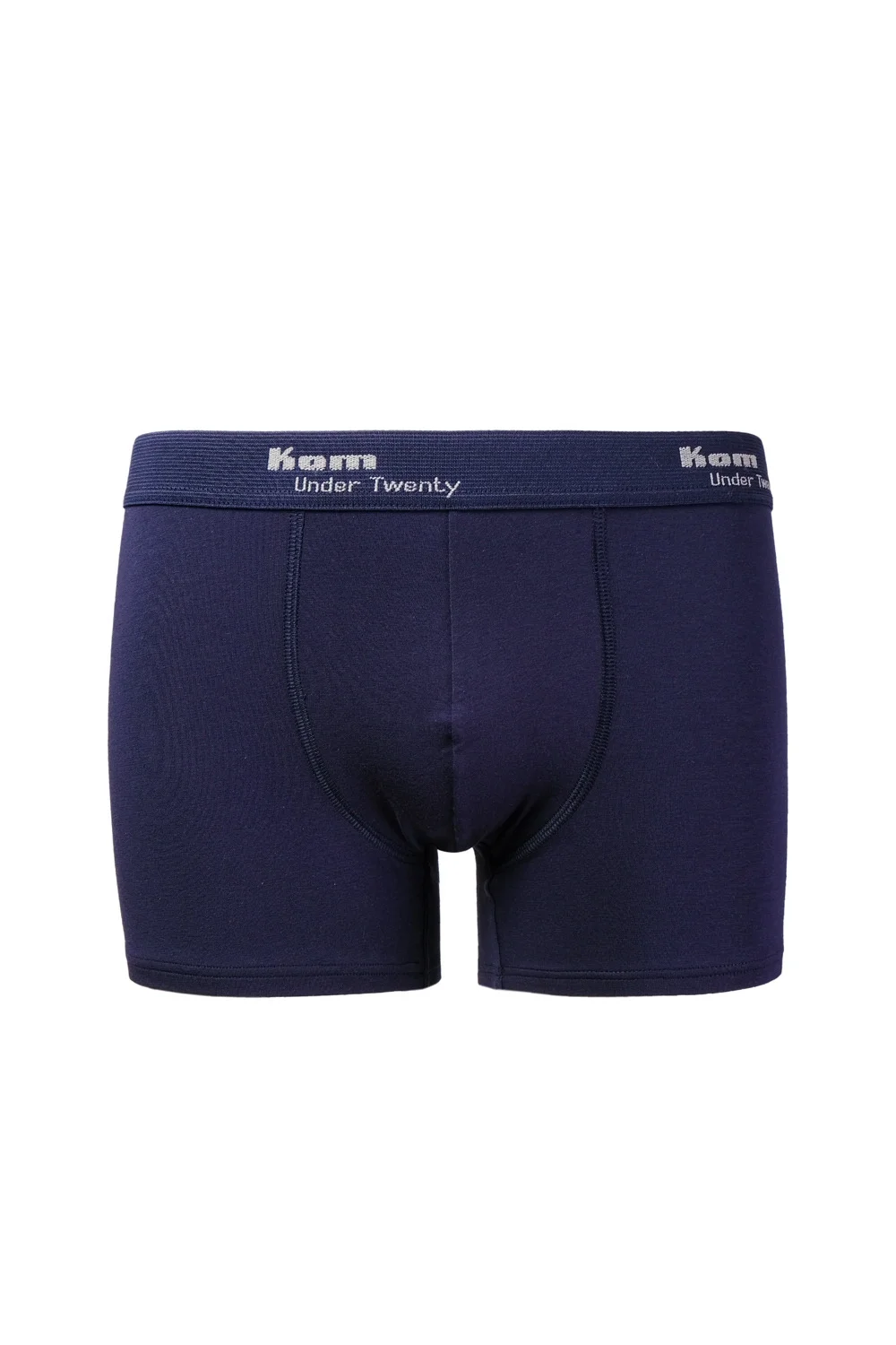 KOM marka mavi pamuklu erkek boxer 3'lü set, tight kesim, Under Twenty etiketi, beyaz arka plan