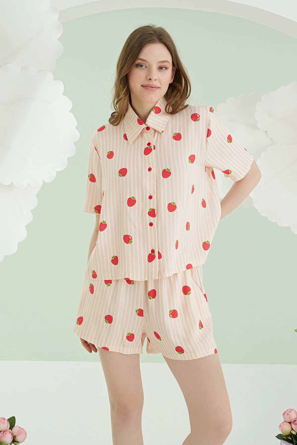 Nbb Turuncu Çilekli Şortlu Önden Düğmeli Pijama Takımı Şort Takım Toptan