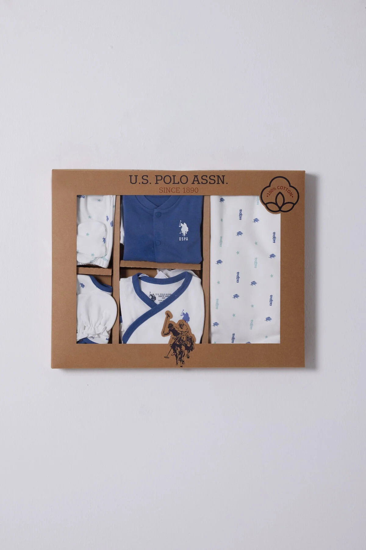 U.S. Polo Assn Erkek Bebek Beyaz Hastane Çıkışı Seti, mavi detaylı, dokulu, bebek iç giyim kıyafetleri, arnetta markası