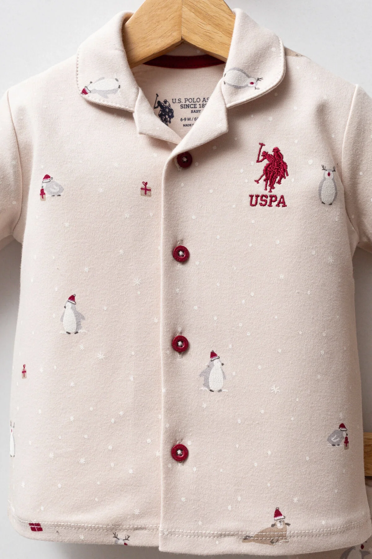 Krem renkli penguin desenli U.S. Polo Assn erkek bebek takım elbise, kıyafet seti, bebek giyim, krem kıyafet, USPA marka, bebek takımları