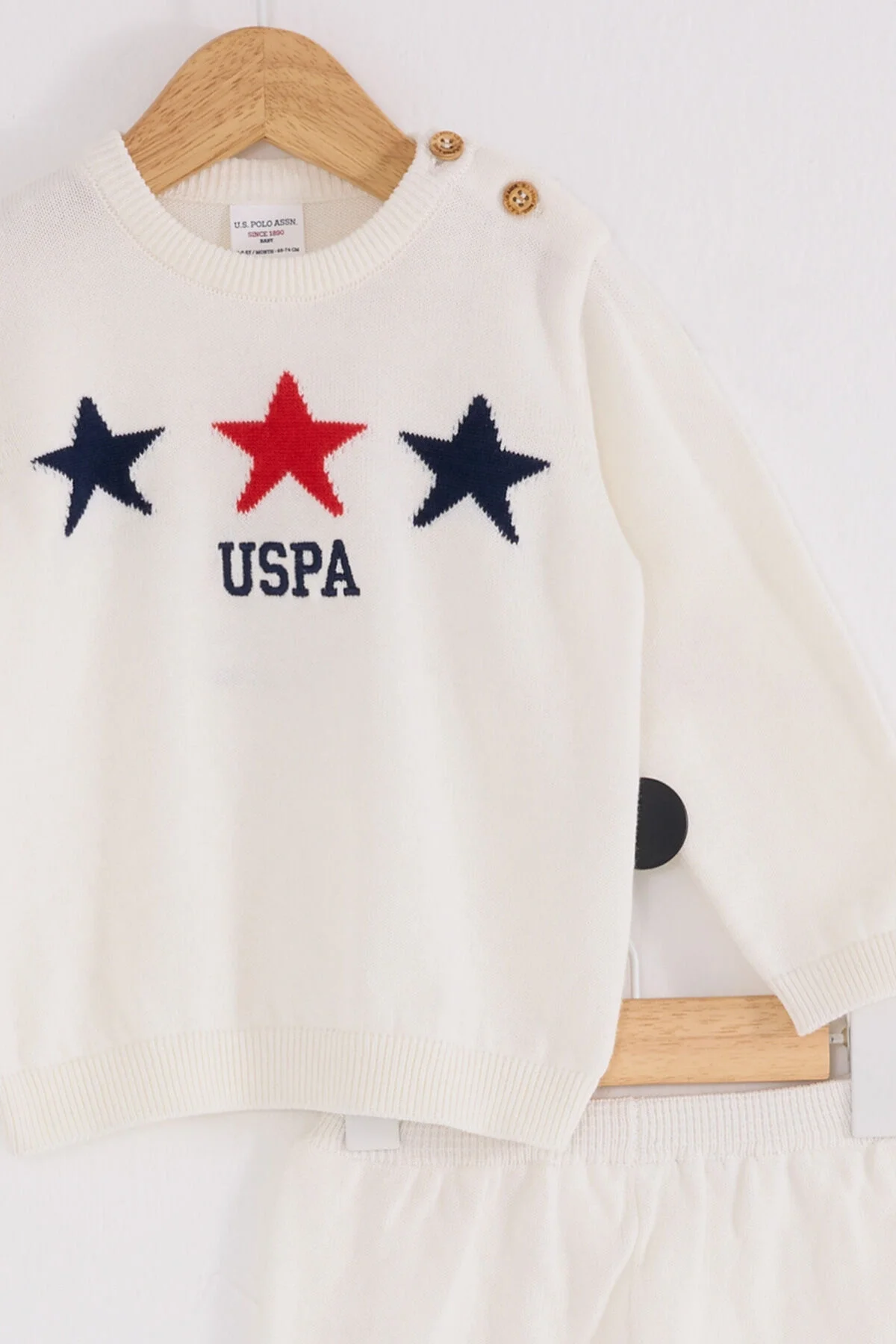 U.S. Polo Assn Bebek Krem Takım, üç yıldız desenli kazak ve pantolon, Arnetta markası, bebek giyim seti