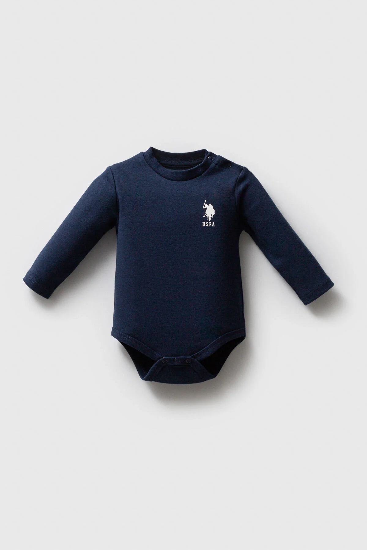 U.S. Polo Assn Erkek Bebek Lacivert 3'lü Body Set, marka logosu, uzun kollu, ön düğmeli, bebek iç giyim seti