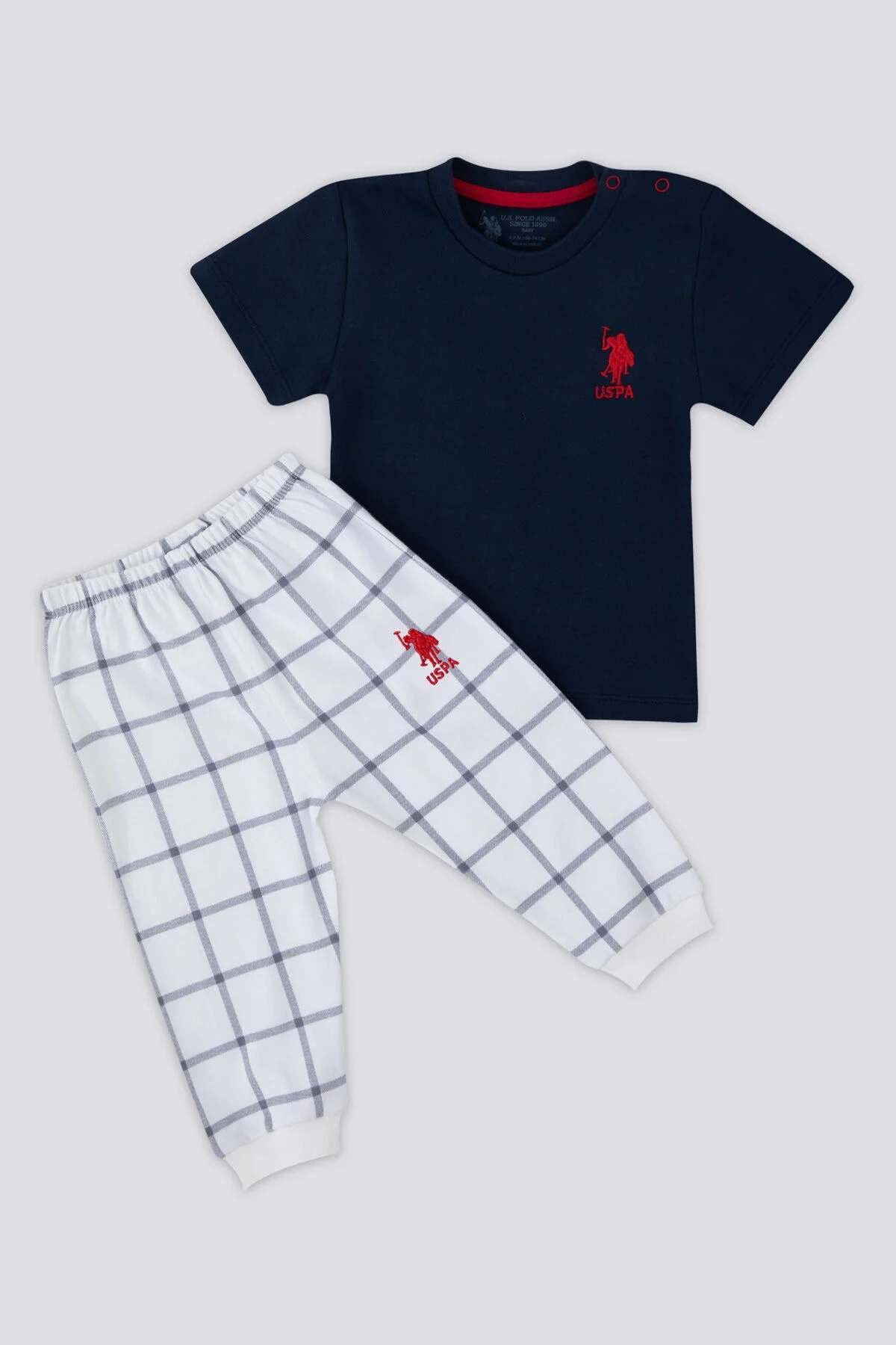 U.S. Polo Assn Erkek Bebek Lacivert Takım, kırmızı logo, kareli pantolon, bebek giyim seti